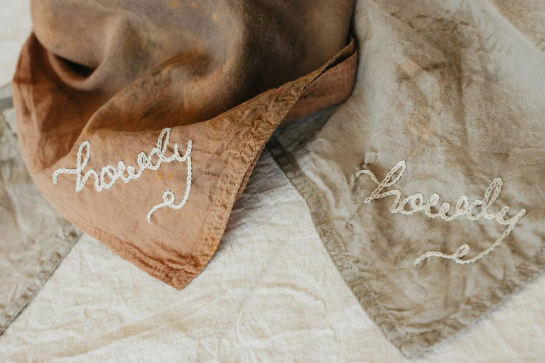 Hand embroidered Howdy organic cotton bandana- hand dyed