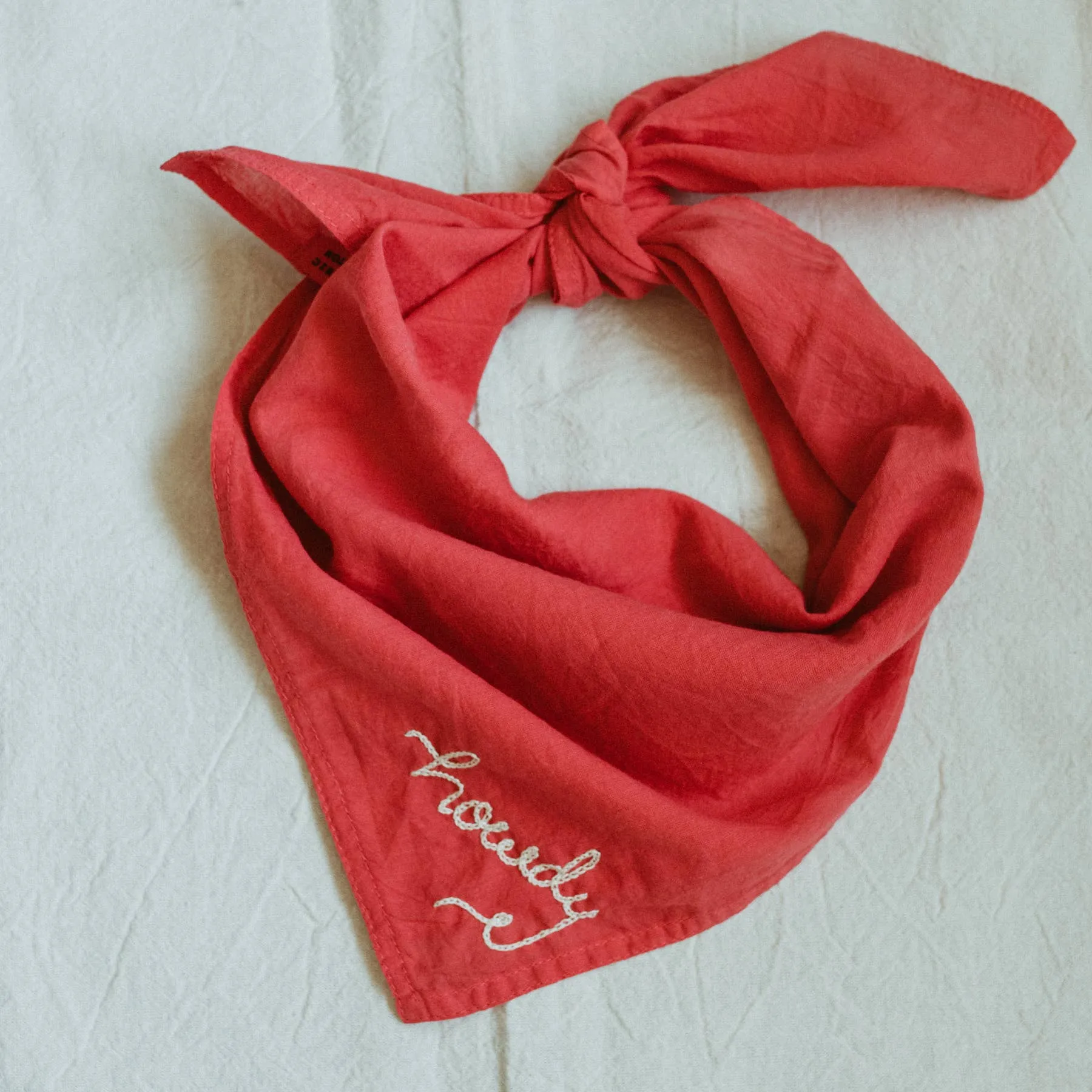 Hand embroidered Howdy organic cotton bandana- hand dyed