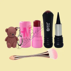 Miss Beauty New pack of 4 Makeup Deal Set in Random (1 pcs bear Keychain Lip gloss , 1pcs Heng Feng Eye Kajal , 1pcs Makeup Brush , 1pcs Jelly Lip tint )