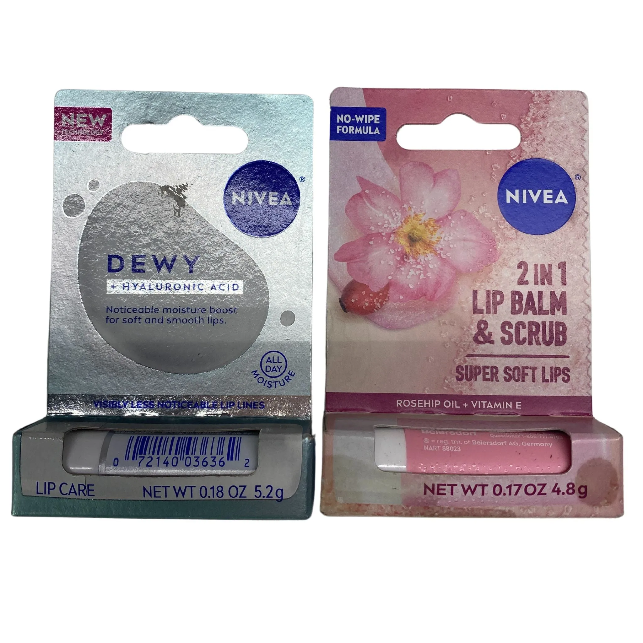 Nivea Dewy   Hyaluronic Acid Lip care 0.18 OZ & Nivea 2 in 1 Lip Balm & Scrub 0.17 OZ (50 Pcs Lot)